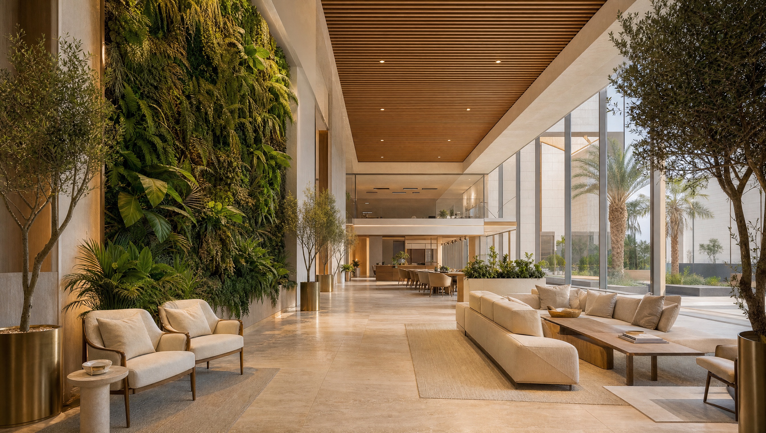 Sunlit GOS fitout interior with a living green wall, natural timber, and stone finishes
